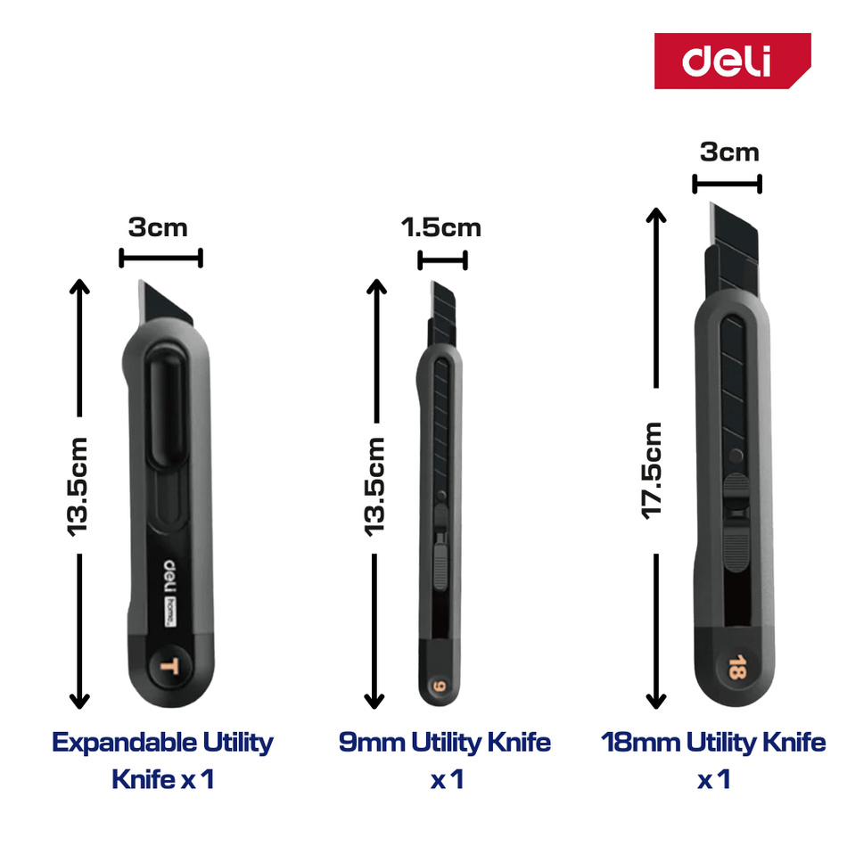 Deli 3pcs Utility Knife Set 9mm 18mm Expandable Cutter for DIY & Packaging