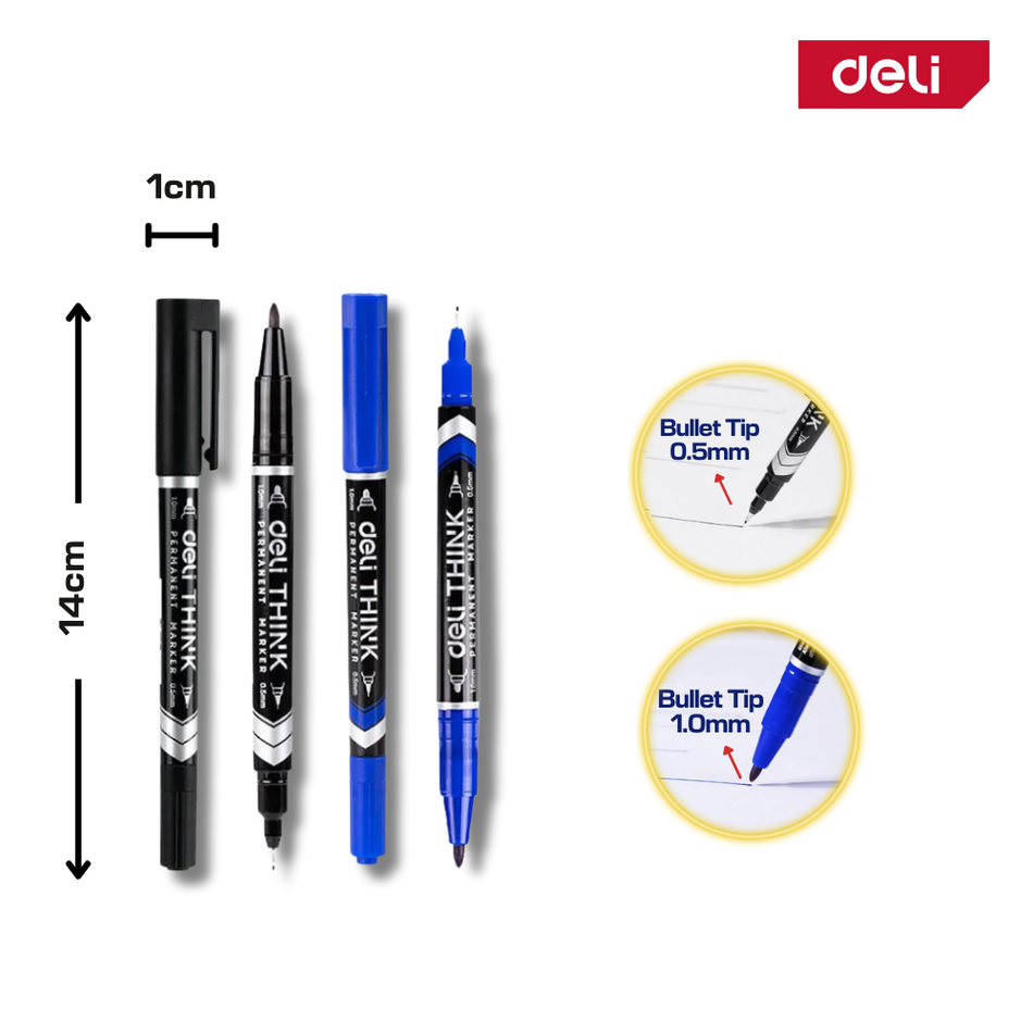 Deli Permanent Marker Double Tip 0.5mm 1.0mm
